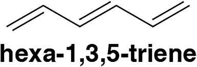 Skeletal structure of hexa-1,3,5-triene